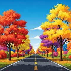 Colorful Autumn Road Lined with Trees Under Blue Sky.