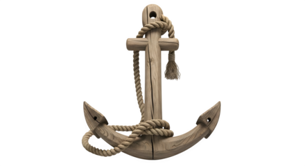 Wooden anchor with rope isolated on transparent background, a nautical symbol of stability, hope, and safe harbor, perfect for coastal or maritime themes
