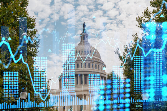 The Capitol Building with a digital hologram of stock market data overlaid. Cityscape with digital elements. Double exposure - Powered by Adobe