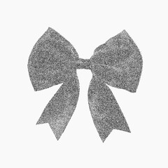 Cute black bow. Gritty object with blotched ink, speckled grain surface, and vintage threshold. Subtle scratch lines and faded texture.