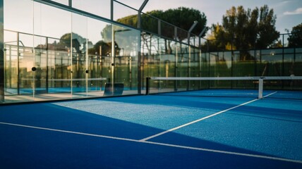 Blue padel court with net and glass walls outdoors