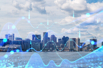 Boston cityscape with a futuristic hologram overlay, set against a cloudy sky. Digital and urban technology concept. Double exposure