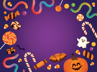Cute halloween purple background with candies and sweets frame vector illustration. Halloween candy, sweets, lollipops, gummy jelly worms border with space for text