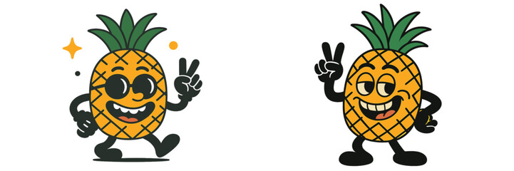 Happy retro cartoon pineapple characters with peace signs and cool sunglasses walking and posing in a fun, playful vintage style