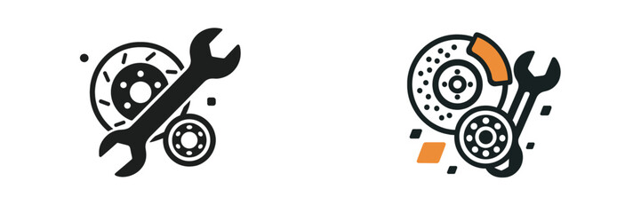 Automotive brake repair service with wrench and disc brake for car maintenance and vehicle parts replacement