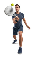Obraz na płótnie Canvas Active padel player in dark outfit striking a ball on isolated transparent background