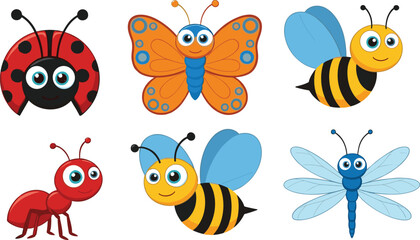 Cute cartoon insects vector set including ladybug, butterfly, bee, ant, dragonfly, colorful smiling bugs for kids design illustration