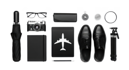 Stylish travel essentials arranged flat lay composition featuring passport camera shoes and accessories transparent background