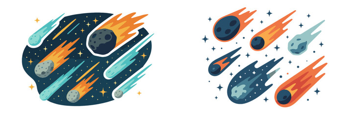 Set of cartoon comets and asteroids flying through space with fiery tails and stars isolated on a white background © Mark