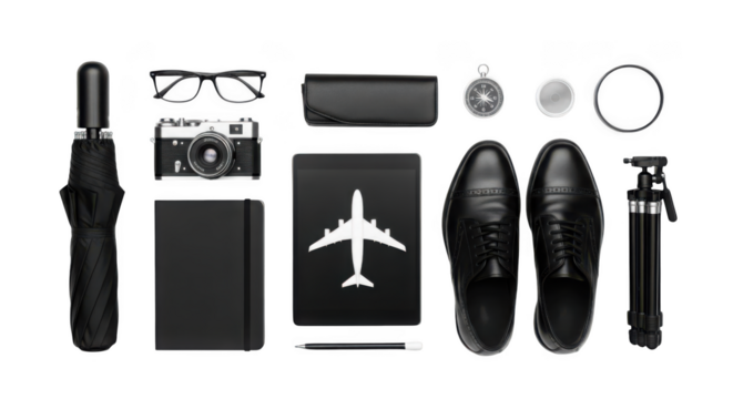 Stylish travel essentials arranged flat lay composition featuring passport camera shoes and accessories transparent background - Powered by Adobe