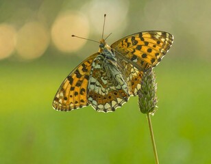 Obraz premium Butterfly resting on a blade of grass in soft light