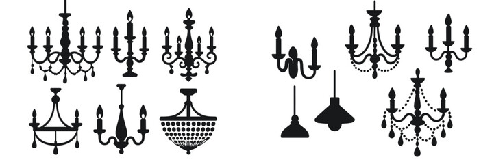 Collection of black chandelier silhouettes and lamp icons for interior design and home decor isolated on a white background