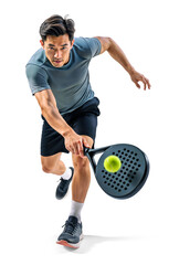 Determined asian male padel player leaning forward to return the ball on isolated background