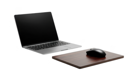 Sleek laptop and mouse setup on dark surface for productive workstation transparent background