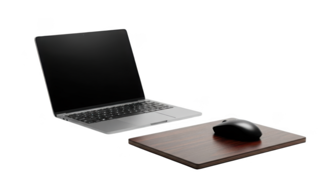 Sleek laptop and mouse setup on dark surface for productive workstation transparent background