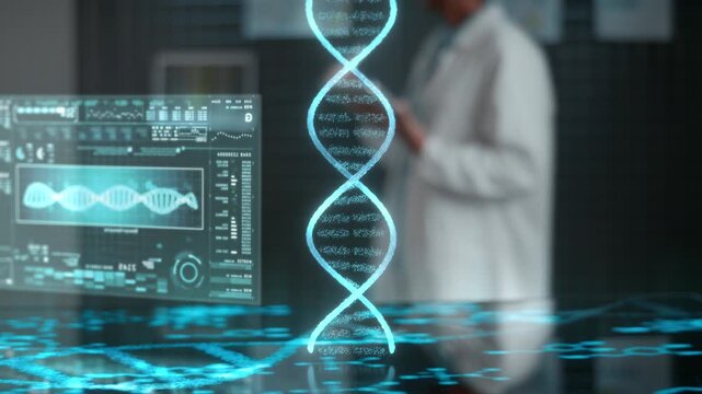 Visualization of biochemistry dna helix over screen with female scientist in the background
 - Powered by Adobe