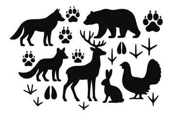 Collection of black silhouettes showing forest and farm animals with their corresponding footprints and tracks isolated on a white background