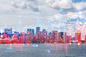 A cityscape with a digital hologram effect imposing a futuristic graph overlay on a daytime skyline. Futuristic business concept. Double exposure