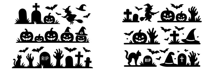 Halloween silhouette border collection with spooky elements like jack-o'-lanterns, a flying witch, cemetery gravestones, bats, and a black cat for festive holiday designs