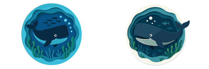 Set of two paper cut style whale designs swimming underwater with fish and seaweed in a layered ocean scene, cute cartoon sea life concept for kids and nature themes