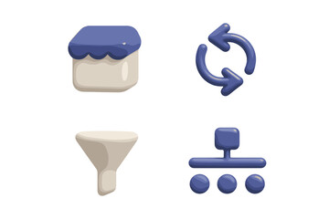 3D icon set with shop, refresh, filter, and sitemap symbols for user interface design and web development isolated on a white background