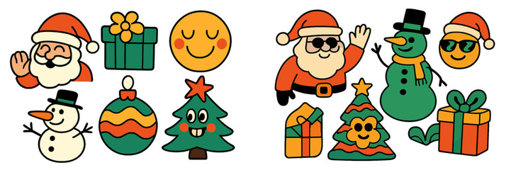 Retro Christmas character sticker set with Santa Claus, snowman, and festive icons like gift boxes and a tree