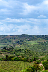 Rolling hills of Tuscany showcase lush vineyards and rustic farmhouses