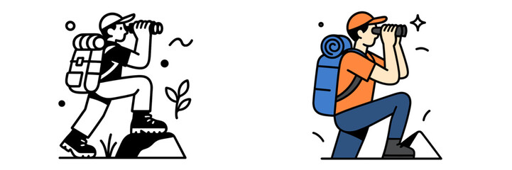 Hiker with backpack looking through binoculars while exploring nature on a trail, minimalist character design for adventure and travel concepts