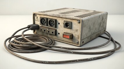 Old gray power box with ports and cables, suitable for technology, energy, electrical themes. Industrial concepts for design projects.