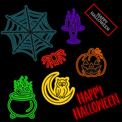 Halloween neon icons set including spider web, spider, pumpkin, owl, cauldron, candles, and festive "Happy Halloween" text, bright colorful line art.