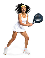 African American female padel player in white sportswear holding racket joyfully