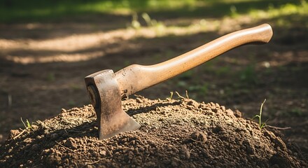 An axe stuck in a pile of dirt in a forest setting, symbolizing hard work, labor, or the concept of burying the hatchet after a conflict