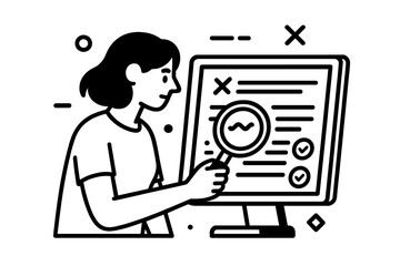 Woman with a magnifying glass analyzing a digital checklist on a computer monitor for a quality control audit and data inspection