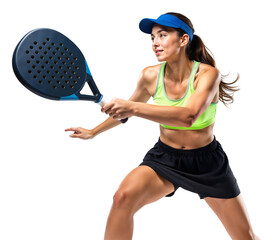 Athletic woman padel player holding a racket in active motion, isolated background