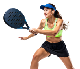 Athletic woman padel player holding a racket in active motion, isolated background