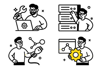 Set of line art icons with IT professionals working on system administration, network engineering, software development, and technical support