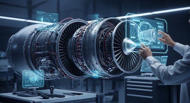 Engineer using augmented reality to design and analyze a jet engine, showcasing the future of engineering and technological innovation