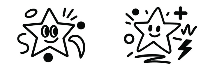 Set of two cartoon star characters in a doodle style with abstract shapes and elements isolated on a white background