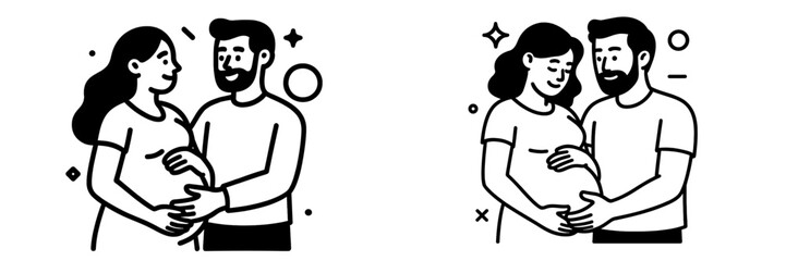 Black and white icon set of a happy pregnant couple expecting a baby, man and woman embracing the belly in a loving relationship