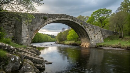 Stone arch bridge over river.
