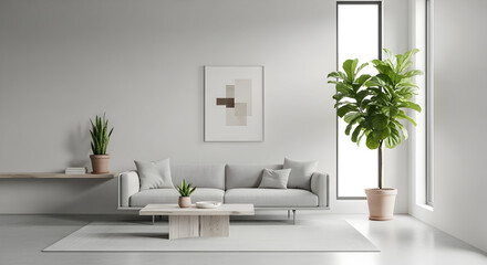 Elegant living room interior with minimalist design and abundant natural light showcasing comfort