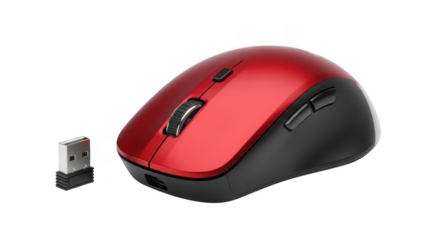 Red and black wireless computer mouse with usb receiver for modern computing needs transparent background