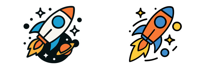 Set of two colorful cartoon rocket ships launching into space with planets and stars, isolated icon for technology or startup business