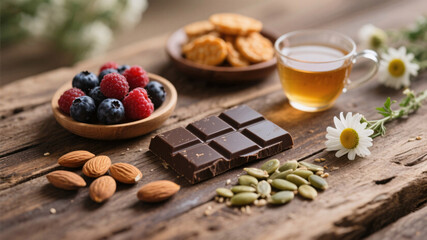 Fototapeta premium Stock photo of healthy stress-relief snacks including almonds, seeds, and herbal tea, natural foods supporting mood balance