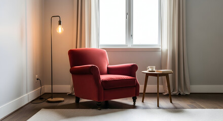 Inviting interior scene featuring a plush red armchair with soft natural window light creating a