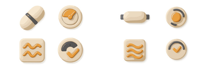 Set of 3D user interface icons for web and mobile applications featuring soft plasticine style design elements like buttons, checkmarks, and progress indicators isolated on a white