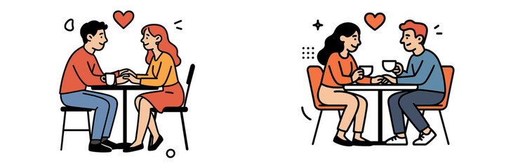 Romantic coffee date scenes with happy couples holding hands and connecting