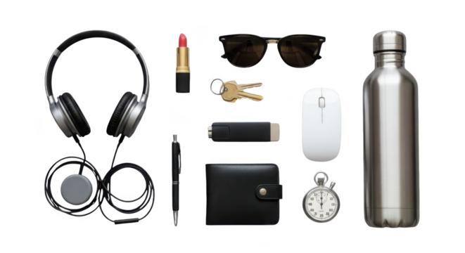 Everyday carry essentials collection including headphones wallet and water bottle transparent background