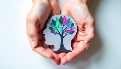 Human brain with spring colorful flowers. World Mental Health day banner. Concept of mental health, self care, happiness, harmony, positive thinking, creative mind. Generative ai.