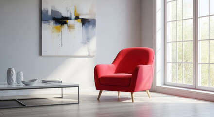 Stylish interior with a vibrant red armchair a modern coffee table and abstract art